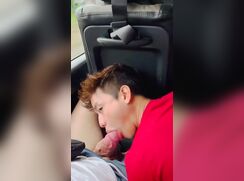 Asian boy sucks a big cock in the car