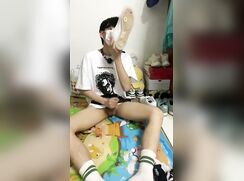 Asian teen smell shoes and wank