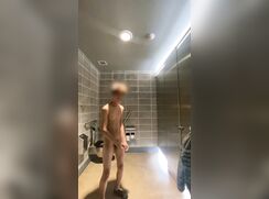 Boy strips naked and cums on floor of public bathroom