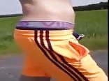 Boy strips off outside & spunks on his underwear