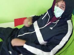 Boys Porn Scally in mask cum over own Nike tracksuit