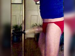 Bro fucks and double cums from fleshlight mirror in red string bikini briefs