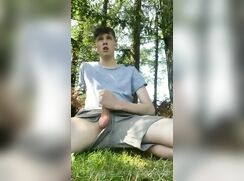 cut e reveals his big dick wanking in the forest