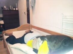 Cute black boy dry humping his bed