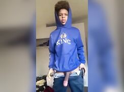 Cute black boy jerking off his long black sexy dick and cums