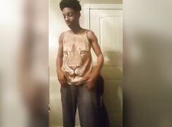 Cute black boy jerks off his long dick for you to see