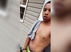 Cute light skin boys jerks off his long sexy dick outside