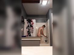 fit blond in shower