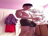 flexing with huge boner