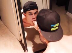Frat boy oral and anal practice with a dildo