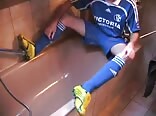 Guy in Adidas soccer kit blue with white stripes (piss)