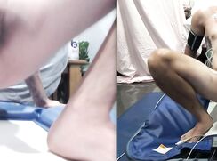 Gymmatfag riding dildo poppered up on gymnastic tramp