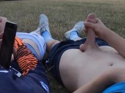 HORNY TEEN WANKERS JERKS OFF IN A FIELD - BIG DICKS - CUM