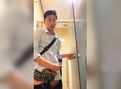 Hung Asian Twink Wanks Cums In Public Restroom