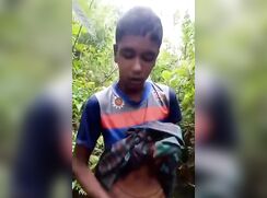 Indian twink jerks off and cums outdoors