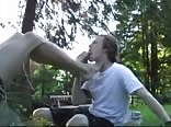 Neighbor comes to the backyard