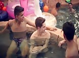 Pool party lads have a bareback threesome on a sofa