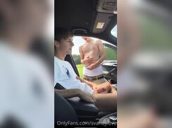 Really cute boy jerks off in car with friend outside also jerking boys porn