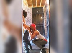 Sharing a blunt and fucking outside the apartment