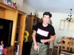 Showing off his boner to his mates