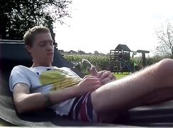 Skinny guy pisses and cums on himself