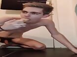 Skinny young twink training mouth with fat dildo