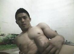 Straight Chinese muscle hunk strips wanks and cums for girl