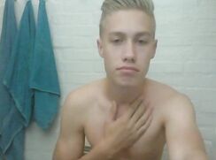 super cute blonde guy bathroom wank and cum