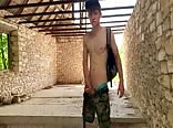 Teen Boy wanking big cock in old house