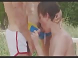 Teen boys trio by pool