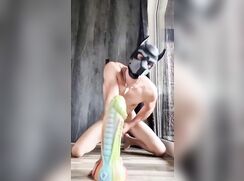 Twink plays with extreme big dildo