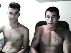 Two muscle straight boys wank and suck on webcam
