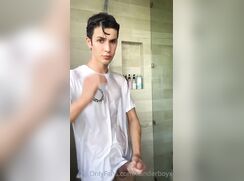 Wet t-shirt shower wank