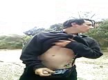 Young boy cumming outside