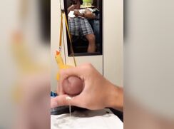 Young teen cums in the mirror